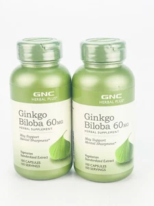 GNC Herbal Plus Ginkgo Biloba 60mg Mental Sharpness 100 Capsules Lot of2 BB1/25+ - Picture 1 of 9