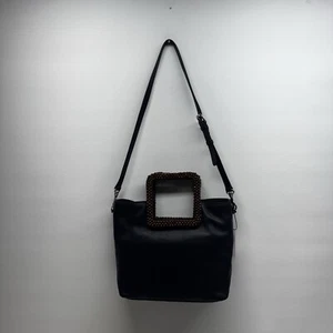 J Jill Black Leather Shoulder Bag Hand Purse Tote Tortoiseshell Ring Handles - Picture 1 of 12