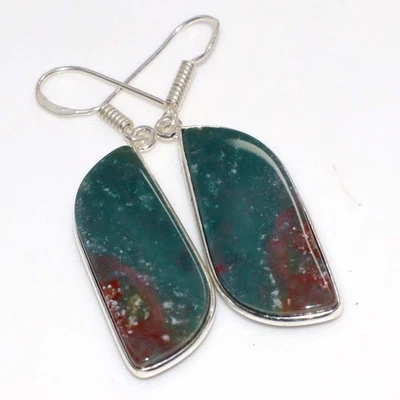 Bloodstone 925 镀银宝石手工耳环 2 英寸民族礼物 GW — 第 1/3 张图片