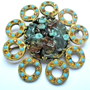 Ancienne grande broche couleur or Pâte de verre perles turquoise topaze bijou 51 - Bild 1 von 3