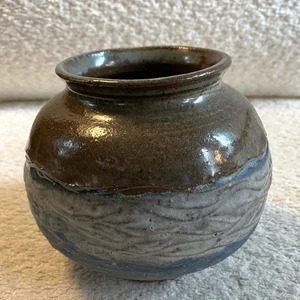 Studio Art Pottery Vintage Round Vase Planter Textured Brown Blue - Picture 1 of 11