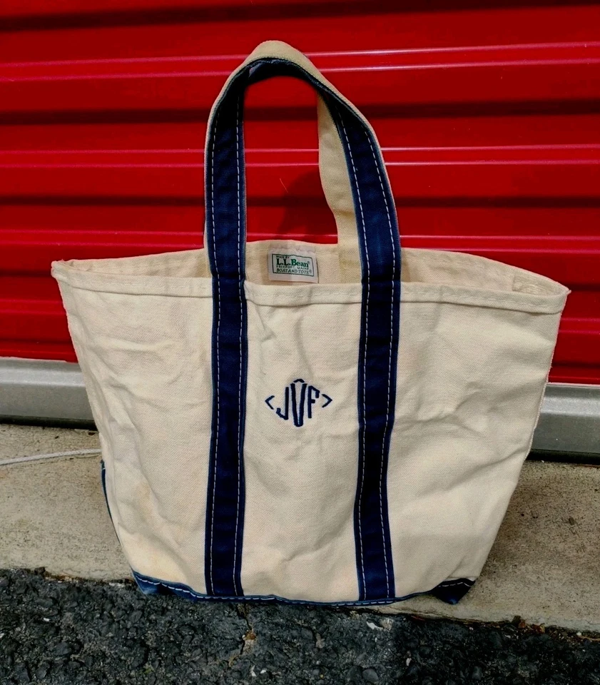 Vintage Boat & Tote LL Bean Cotton Canvas Shopper 10x17x5 Navy Ivory "JVF" - Image 1 of 4