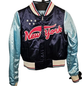 Five Star Vintage New York NY Black Yankees Jacket Satin Reversible Small Crop - Picture 1 of 12