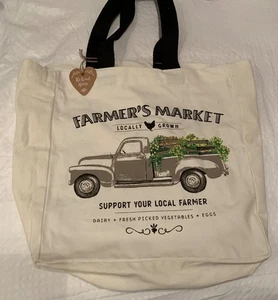 NEU! Farmers Market Canvas Tragetasche Shopper 2 Henkel LKW Druck Creme Mehrfarbig - Bild 1 von 8