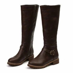 Womens Ladies Zip Up Buckle Knee Length High Flat Block Low Heel Boots Shoes UK - Picture 1 of 4