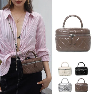 Mini Estuche de tocador acolchado de cuero real Caja Cartera sin asas Bolso de hombro Cadenas Foto 1 de 4