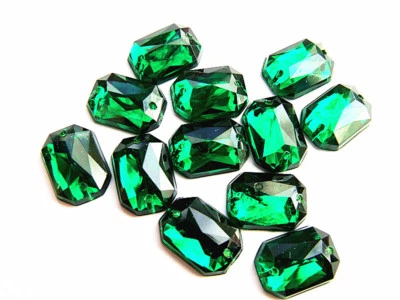 40 Green Faceted Oblong Beads 10x14 mm Acrylic Rhinestone/Gem 2-Hole Sew On - Image 1 of 2