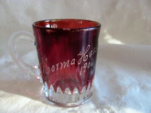 Antique 1906 Red Flashed Glass Handled Shot Glass Etched Norma Hassel Fancy - Picture 1 of 6