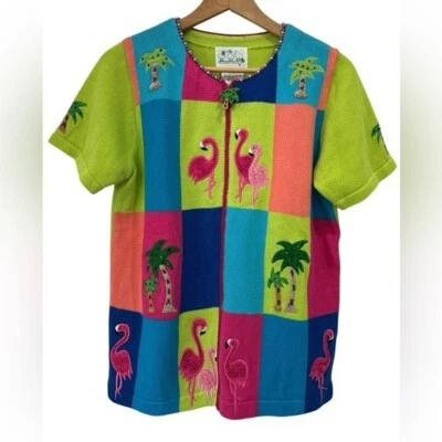 Vintage Quacker Factory Beachy Embroidered Flamingo Palm Tree Cardigan Sweater S - Image 1 of 4