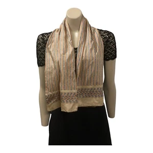 Scarf Silky Soft Beige Satin Rectangular Block Print 114cm x 28cm - Picture 1 of 6