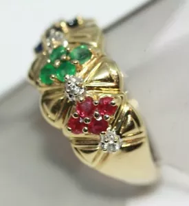 Statement 1.2 ct Genuine Ruby Emerald sapphire 14K Real Gold Women's Ring Size 6 - Foto 1 di 11