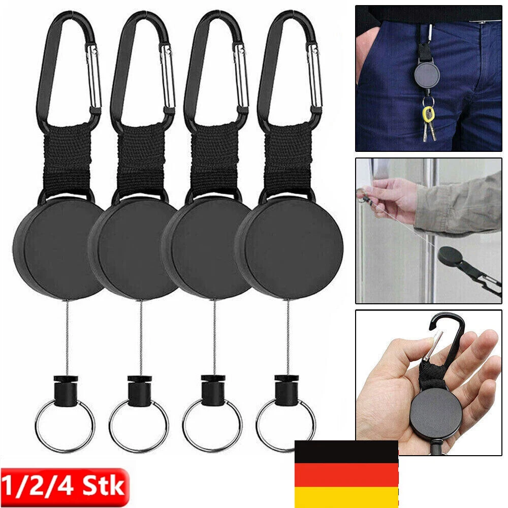 4 Stück Ausziehbare Schlüsselanhänger – 4 Farben – Mit 60 Cm Stahlseil & Karabiner – Praktisch Für Schlüssel & Ausweise