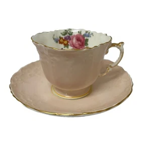 Vintage Aynsley Fine Bone China Teacup & Saucer Pastel Pink Peach Floral England - Picture 1 of 12