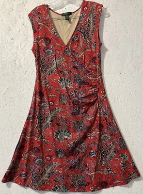 Ralph Lauren Red and Multi Soft Knot Faux Wrap Paisley Dress Sz Medium - Image 1 of 4