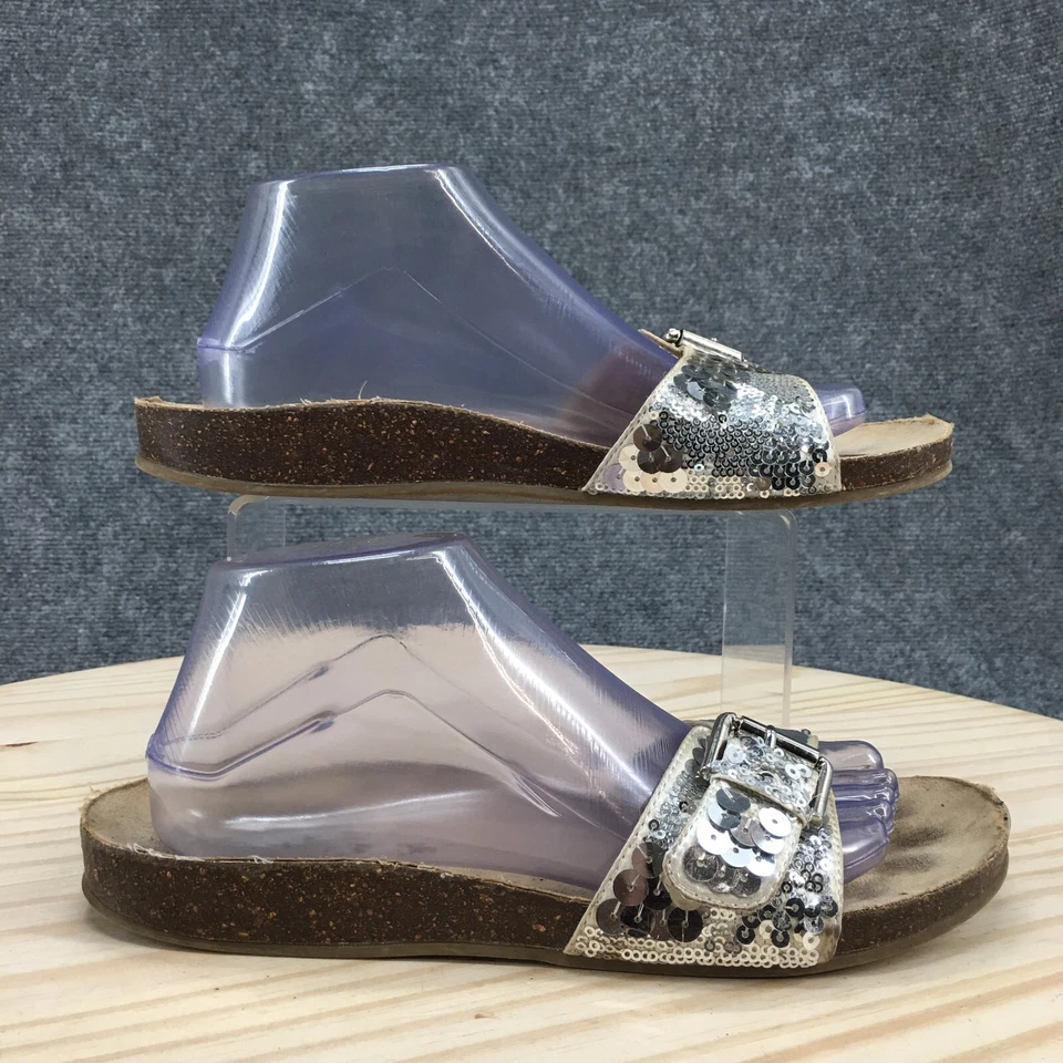 Sandalias Apostrophe para mujer 10 lentejuelas deslizables planas sin cordones gris plata cuero Foto 1 de 4