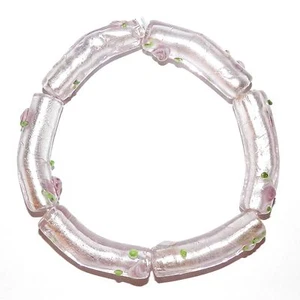 G4148 Pink Foil-Lined w Flower 36mm Curved Tube Lampwork Glass Bracelet Bead 6pc - Picture 1 of 1