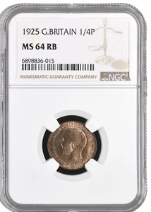 P200, Great Britain, George V, Farthing (1/4 Penny) 1925, London Mint NGC MS64RB - Picture 1 of 2