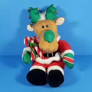 Vintage Christmas Reindeer Nylon Puffalump Style Plush 10" with Bells Santa Suit - Picture 1 of 6