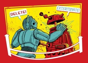 Dalek and Cybermen FIGHT as Rock Sock Em Vintage Game Satire Teefury Lady Shirt - Picture 1 of 1