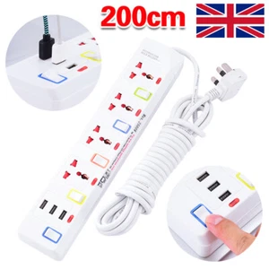 4 Gang Surge Protected Extension Lead 3 USB Power Electric Plug Socket 2m Cable - Picture 1 of 11
