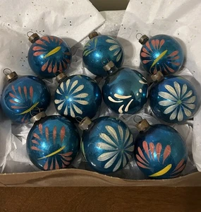 (10) VTG 1940s Corning Blue Hand Painted Floral Glass Christmas Ornaments USofA - Picture 1 of 23