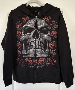 Liquid Blue Hoodie Sweatshirt Mens L Black Zip Jacket Skull Roses Skate Hip Hop - Picture 1 of 12