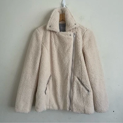 Invierno Cálido Crema Blanco Sherpa Vellón Moto Motociclista Chaqueta Suave Acogedora Peluche Cremallera Foto 1 de 4