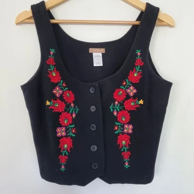 TWENTY ONE L Floral Embroidered Black Wool Blend Vest Buttons Folk Bohemian EUC  - Image 1 of 4