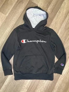 Boys Champion Hoodie Youth Sweatshirt Small Long Sleeve Embroidered Logo Black - Picture 1 of 8