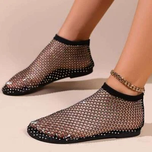 Women's Comfortable Shiny Gem Mesh Flats Sparkle Shoes Low Heel Slip on Sandals - Picture 1 of 28