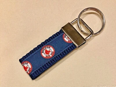HANDMADE MINI KEY FOB DECORATED WITH BOSTON RED SOX BLUE RIBBON Zipper Pull - Image 1 of 2