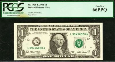 2001 $1 Federal Reserve Note PCGS 66PPQ Gem-New Fr 1926-L - Image 1 of 3