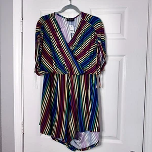 Lane Bryant Romper Women 22/24 Black Rainbow Faux Wrap Pockets Rayon Stretch NWT - Picture 1 of 11