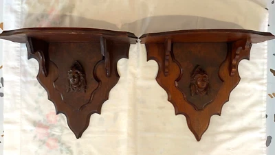 Antiguo par de estantes de pared de nogal victoriano tallado a mano 12"x13"x6" Foto 1 de 4