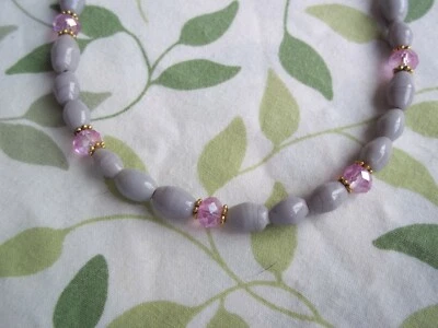 14 1/2 Inch GREY Glass and PINK Crystal Bead GOLD Spacer Necklace CHOKER G-56 - Image 1 of 4