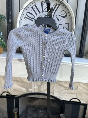 POLO RALPH LAUREN Algodón Niñas Gris Claro Cárdigan Tejido Cable Suéter Talla 6 Juvenil Foto 1 de 4