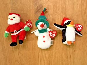 JINGLE BEANIES 3 Beanie Baby ORNAMENTS Santa, Snowgirl & Zero Vintage New NWT - Bild 1 von 24