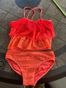 Orange shades ruffle swim top and bikini bottom Girl’s Size 12 eyelet   - Picture 1 of 5