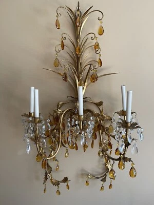 Vintage Italian Crystal Gold Gilt Tole Foliage Chandelier Wall Sconce Candelabra - Image 1 of 4