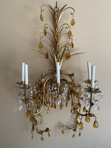 Vintage Italian Crystal Gold Gilt Tole Foliage Chandelier Wall Sconce Candelabra Cover