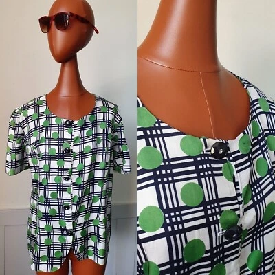 Vintage Blouse Green White Blue Check Polka  -Medium-  1980s Short Sleeve DD67L - Image 1 of 4