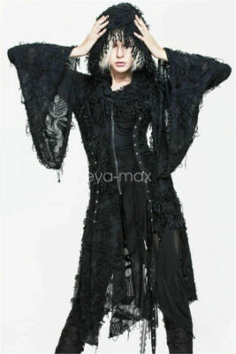 Cappotto lungo moda donna nero gotico steampunk punk rock giacca fori abito con cappuccio - Immagine 1 di 4