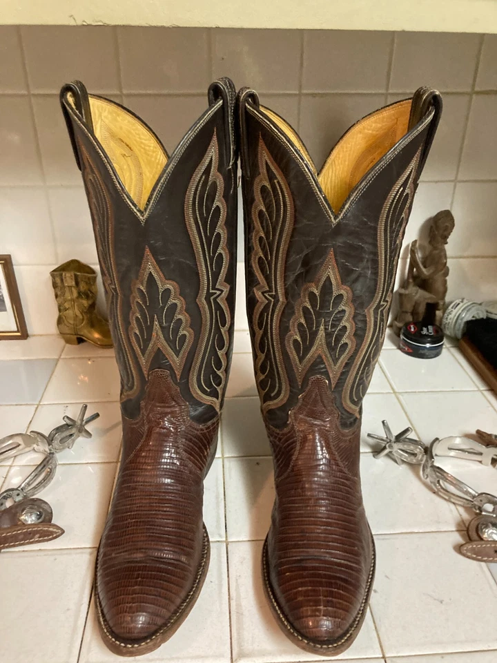 TONY LAMA TEJU LIZARD VINTAGE BROWN TEXAS WESTERN RANCH WORK COWBOY BOOTS 8.5 E - Image 1 of 4