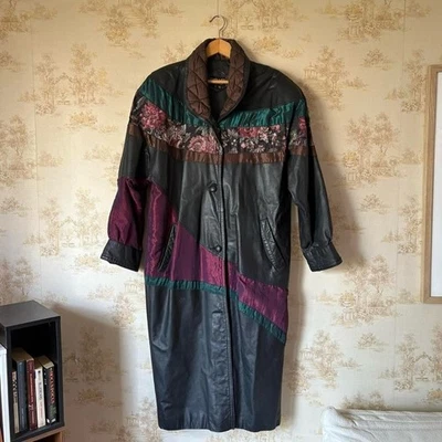 Винтажный Pelle черной кожи цветочный гобелен лоскутное одеяло длинный Тренч куртка M - Изображение 1 из 4
