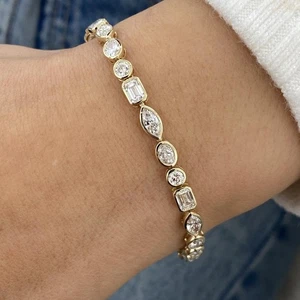 Emerald Lab-Created Diamond Tennis Bracelet 6.45ct F/VS 14K Yellow Gold - Picture 1 of 7