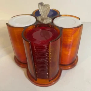 Vintage Bakelit rot, weiß, blau Pokerchips & Caddy klare Abdeckung Herzgriff - Bild 1 von 14