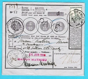 BELGIUM money order 1914 Brussels to Verviers - Picture 1 of 2
