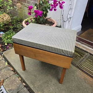 Vintage Sewing Box Stool 1950s Mid Century Teak? Vinyl Houndtooth Top & Contents - Picture 1 of 24