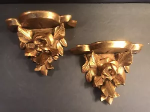 Pair of antique shelves/Bracket/Gold gilt/Italy C.1930/Wood Wall/Hand Carving - Picture 1 of 12