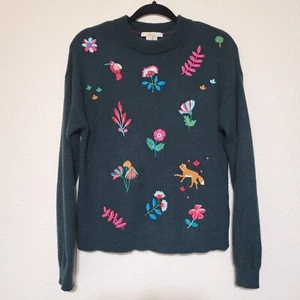 Boden Embroidered Green Sweater size US 4 Cotton Wool Alpaca Flowers Birds Fox - Picture 1 of 6